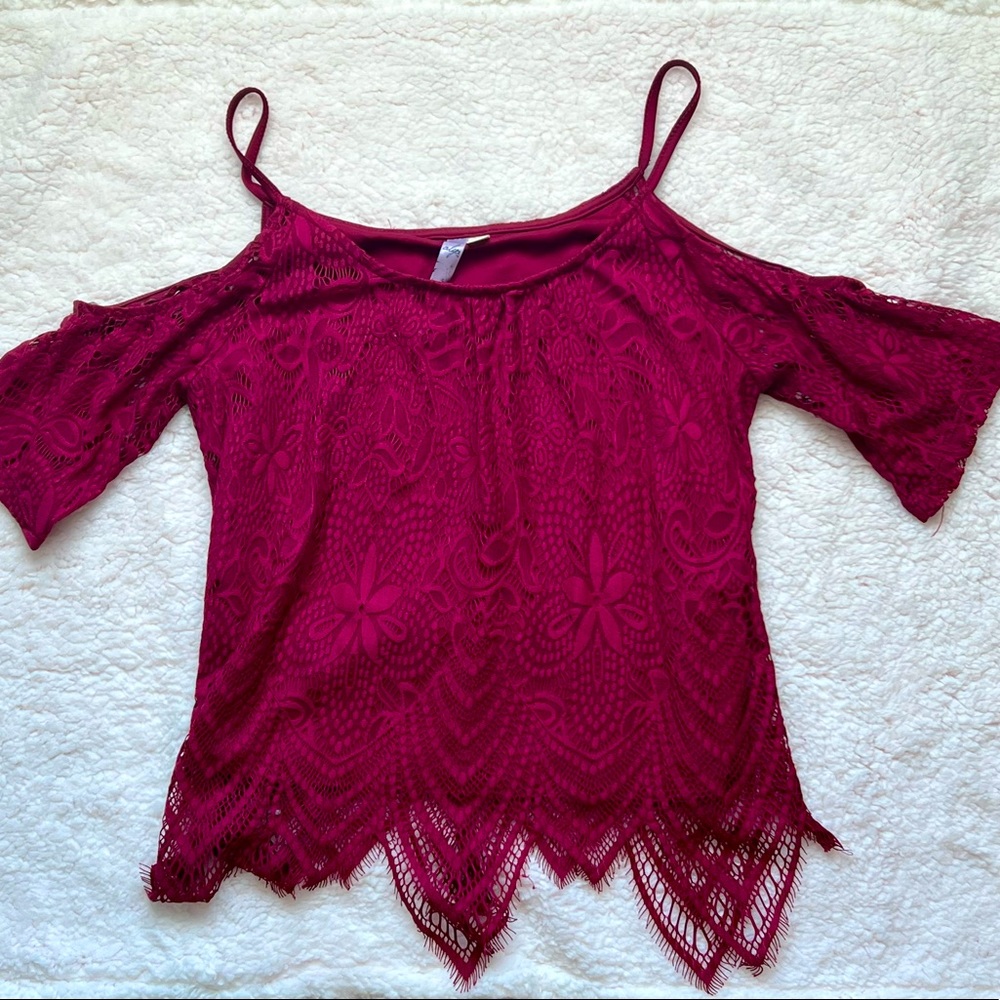 Beautiful Maroon blouse. Perfect for fall. Shows off shoulders.
